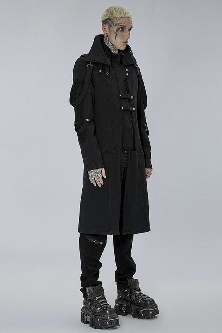 Black Punk Asymmetry High Collar Placket Metal Shoulder Detachable Webbing Men's Knitted Coat