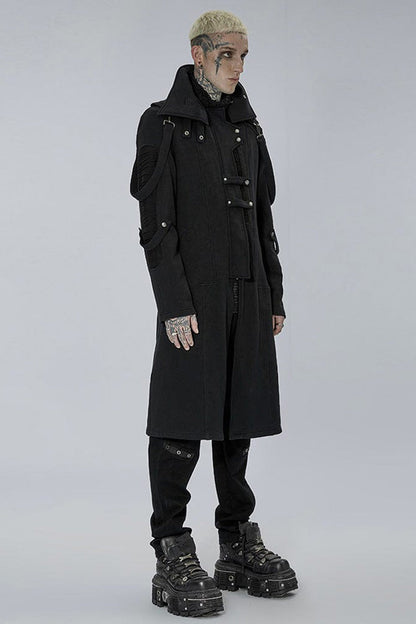 Black Punk Asymmetry High Collar Placket Metal Shoulder Detachable Webbing Men's Knitted Coat
