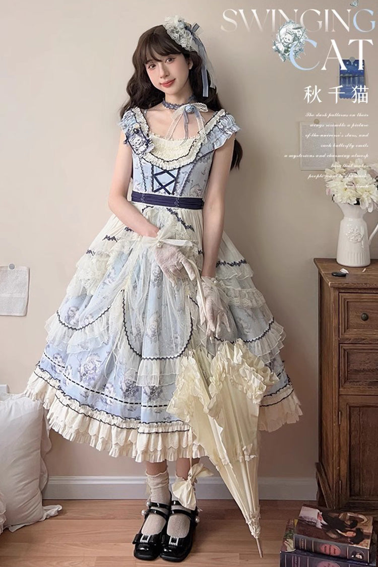 Blue [Swing Cat] Print Ruffle Bowknot Lace Sweet Elegant Lolita Jsk Dress