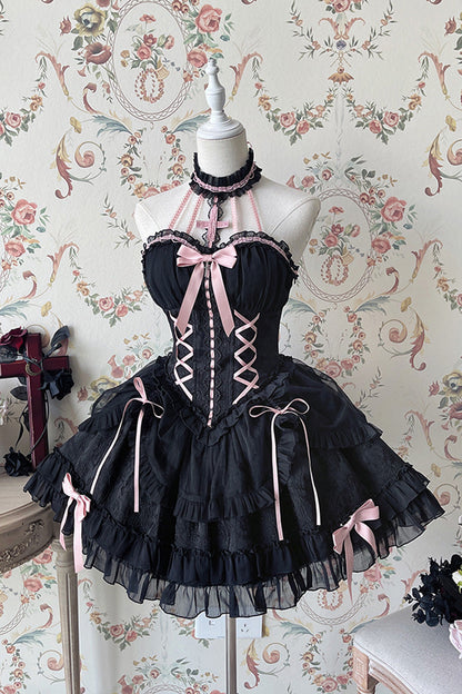 Black/Pink Tube Top Sleeveless Ruffle Bowknot Gothic Lolita Jsk Tiered Dress