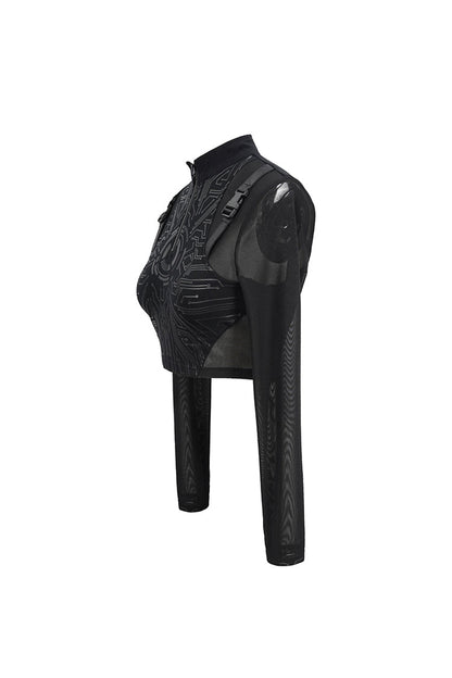 Black Round Collar Lace Check Short Women's Gothic Tops
