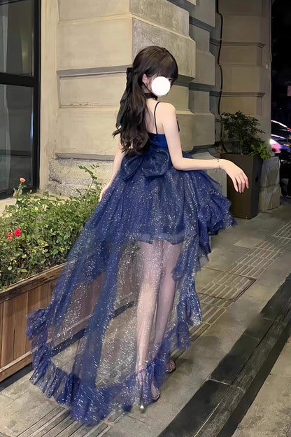 Blue Shining Bowknot Irregular Sweet Princess Gorgeous Lolita Jsk Dress (Include Train)