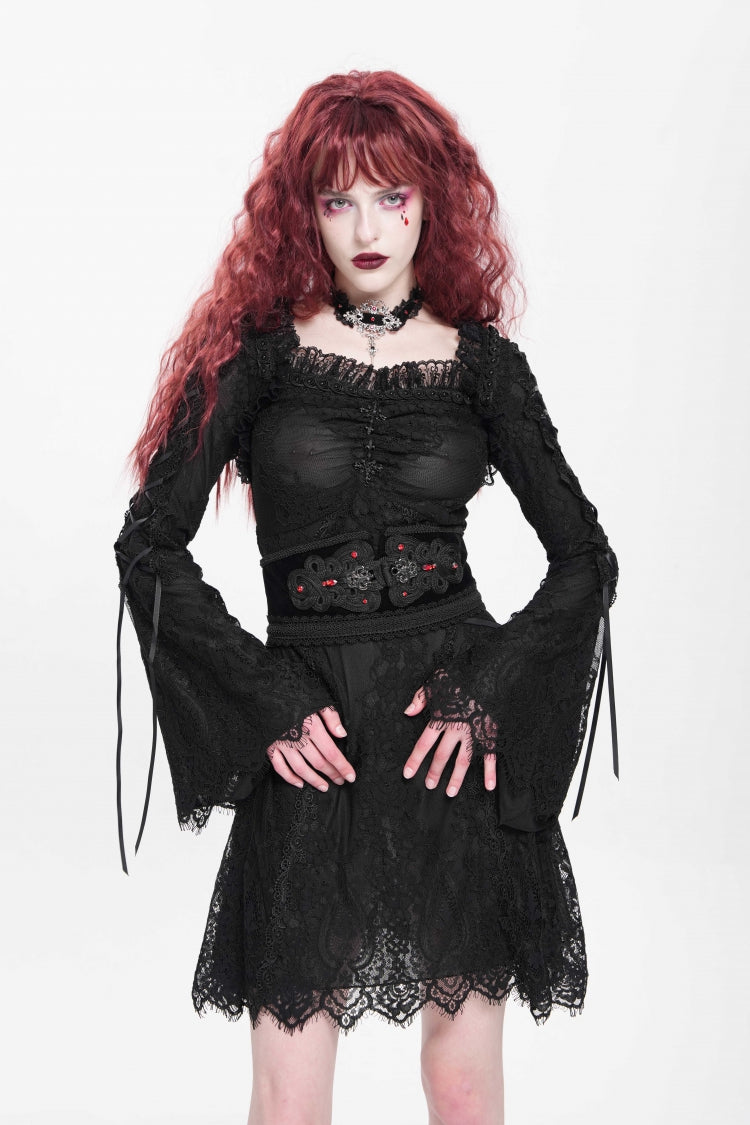 Black Square Collar Long Trumpet Sleeves Embroidered Lace-Up Women's Gothic Dress