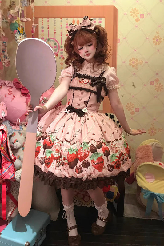 Pink [Strawberry Chocolate Lover] Sleeveless Printed Ruffled Embroidered Bow Lace Sweet Lolita Jsk Dress