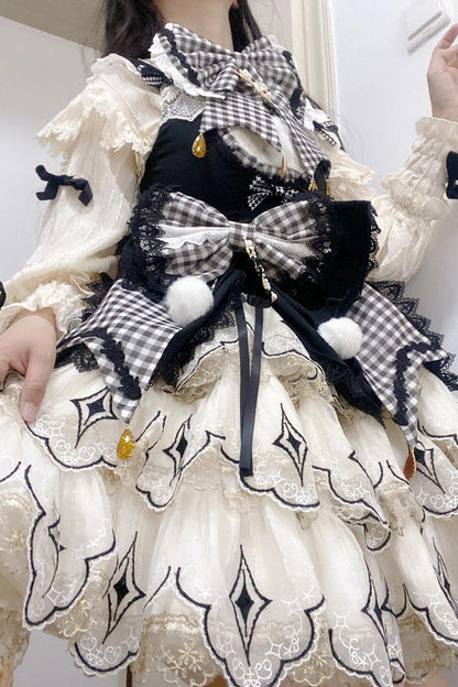 Black/White [Little Witch] Ruffle Embroidery Bowknot Gothic Lolita Jsk Dress Full Set