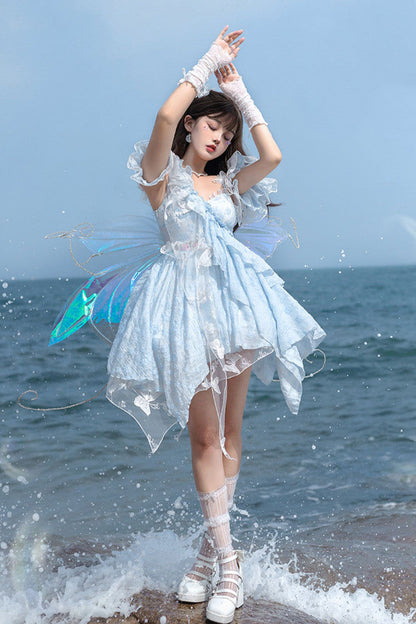 Blue [Summer of Bubbles] Sleeveless Ruffle Embroidery Lace Irregular Short Sweet Lolita Jsk Dress