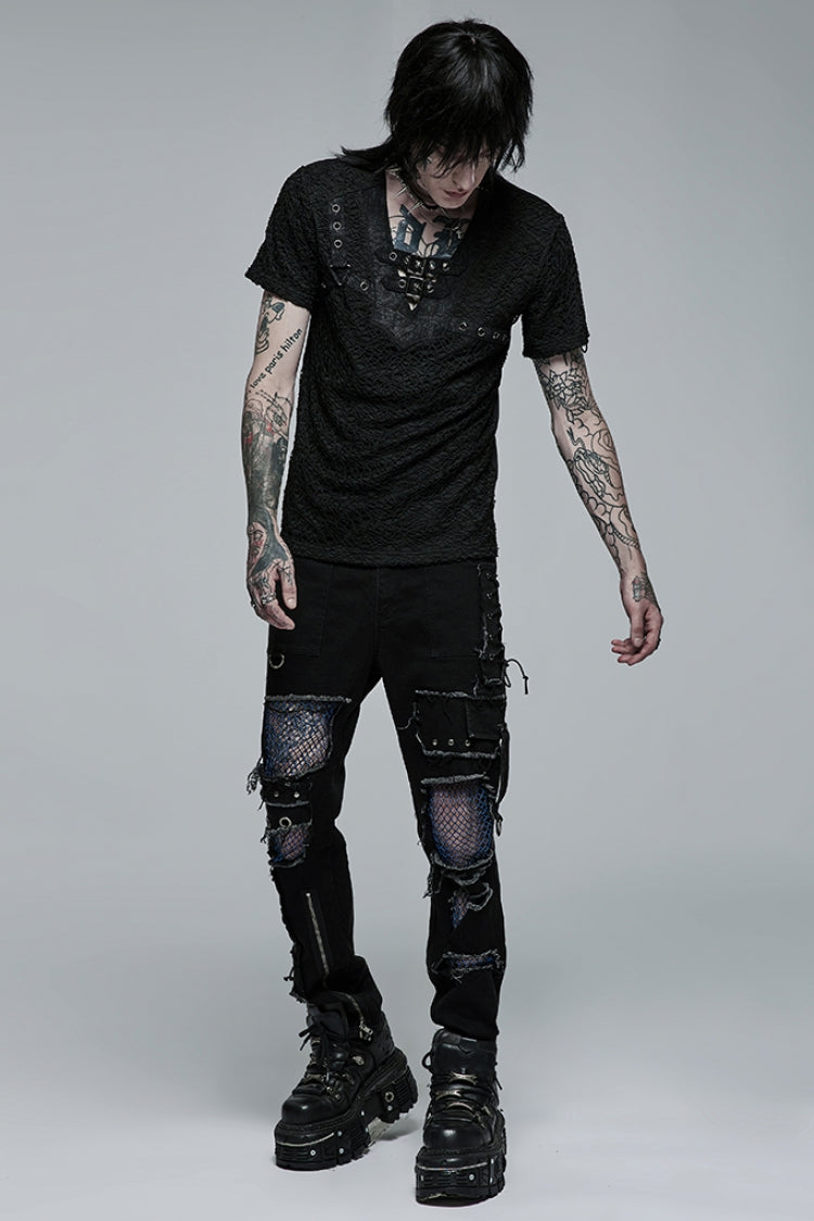 Black Short Sleeves Buckle Stitching Mesh Men's Steampunk T-Shirt