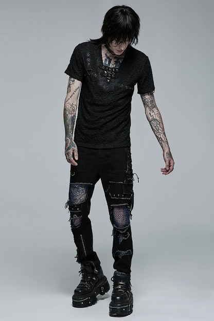 Black Short Sleeves Buckle Stitching Mesh Men's Steampunk T-Shirt