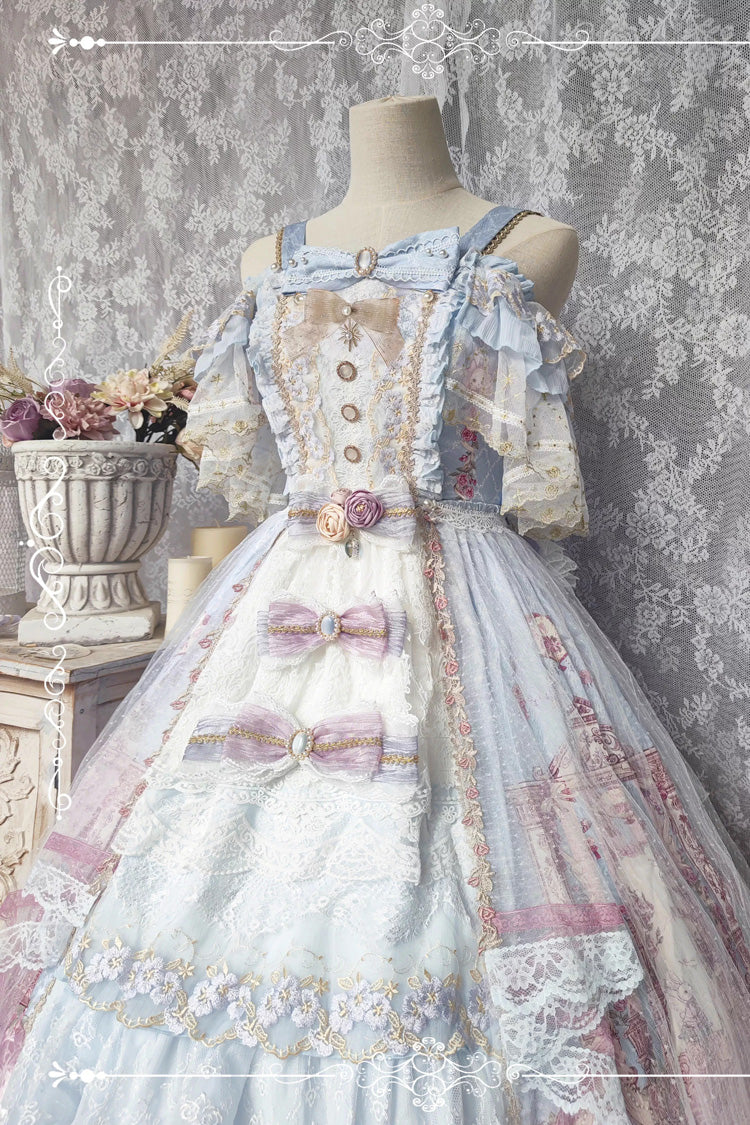 Blue [Moonlight Melody] Off Shoulder Sleeveless Multi-Layered Hanayome Open-Front Bow Lace Sweet Gorgeous Lolita Jsk Dress Set