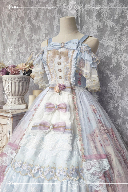 Blue [Moonlight Melody] Off Shoulder Sleeveless Multi-Layered Hanayome Open-Front Bow Lace Sweet Gorgeous Lolita Jsk Dress Set