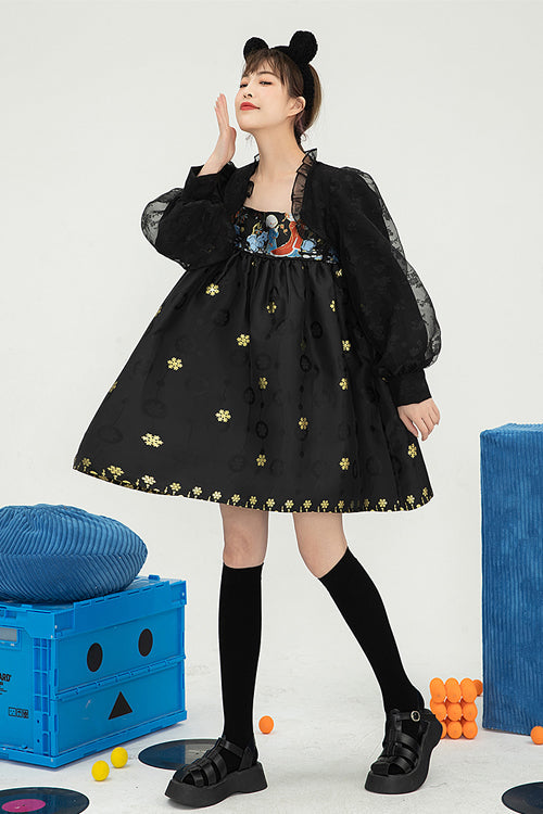 Black Square Neck Organza Print Ruffled Lantern Sleeves High Waisted Sweet Lolita OP Dress