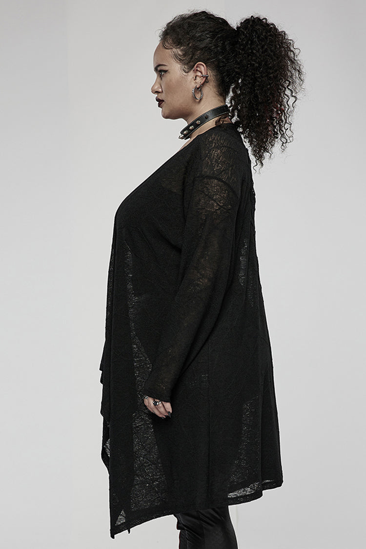 Black Soft Knitting Mottled Texture Asymmetric Hem Skull Decal On The Back Women's Plus Size Gothic Jacket