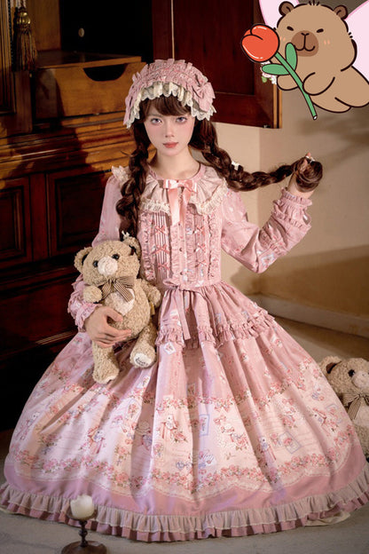Sweet Long Sleeves FloralPrinted Ruffled Bow Plus Size Elegant Lolita Dress 2 Colors