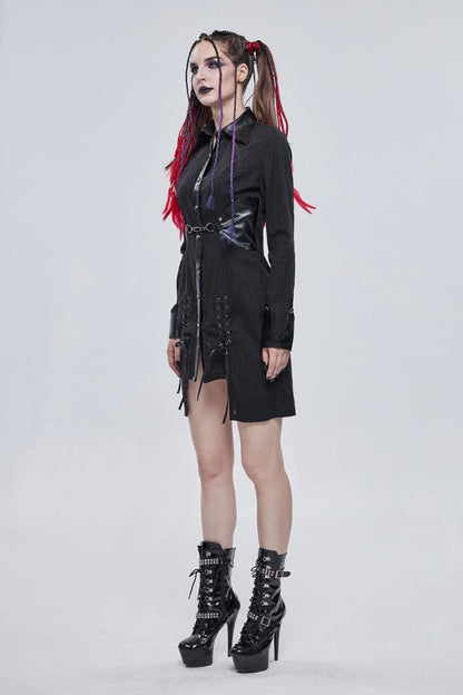 Black Vertical Suture Texture Leather Metal Buckle Design Decoration Long Women's Punk Shirt