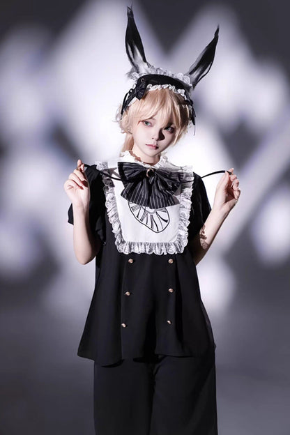 Black/White [Rabbit Hole] Long Sleeves Bow Gothic Prince Ouji Lolita Set
