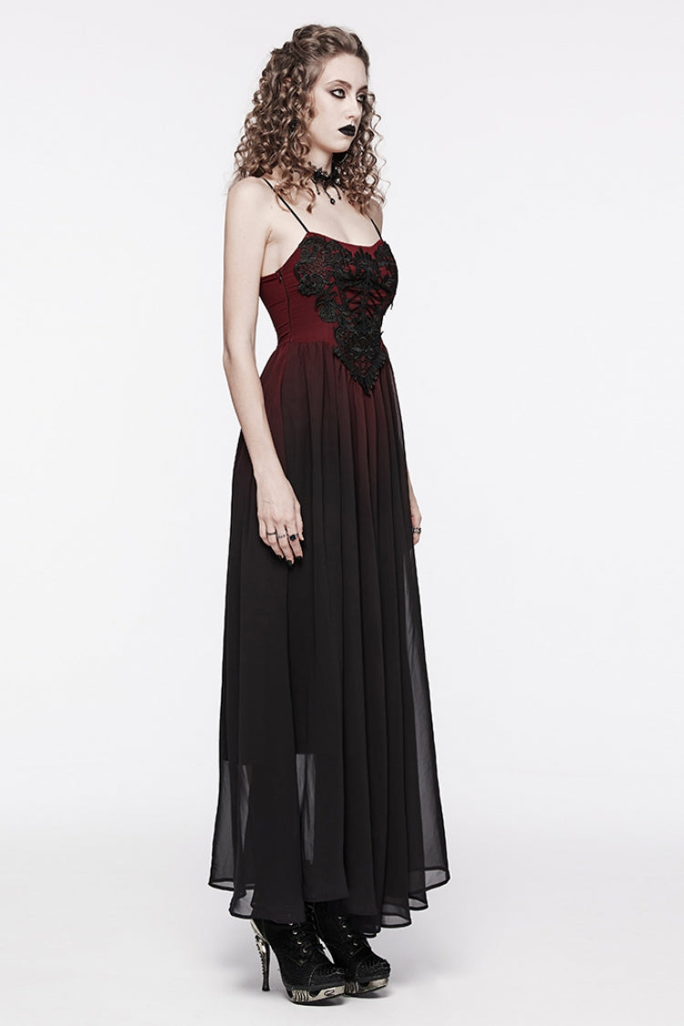 Black/Red Floral Embroidery Lace-Up Women's Gothic Slip Dress