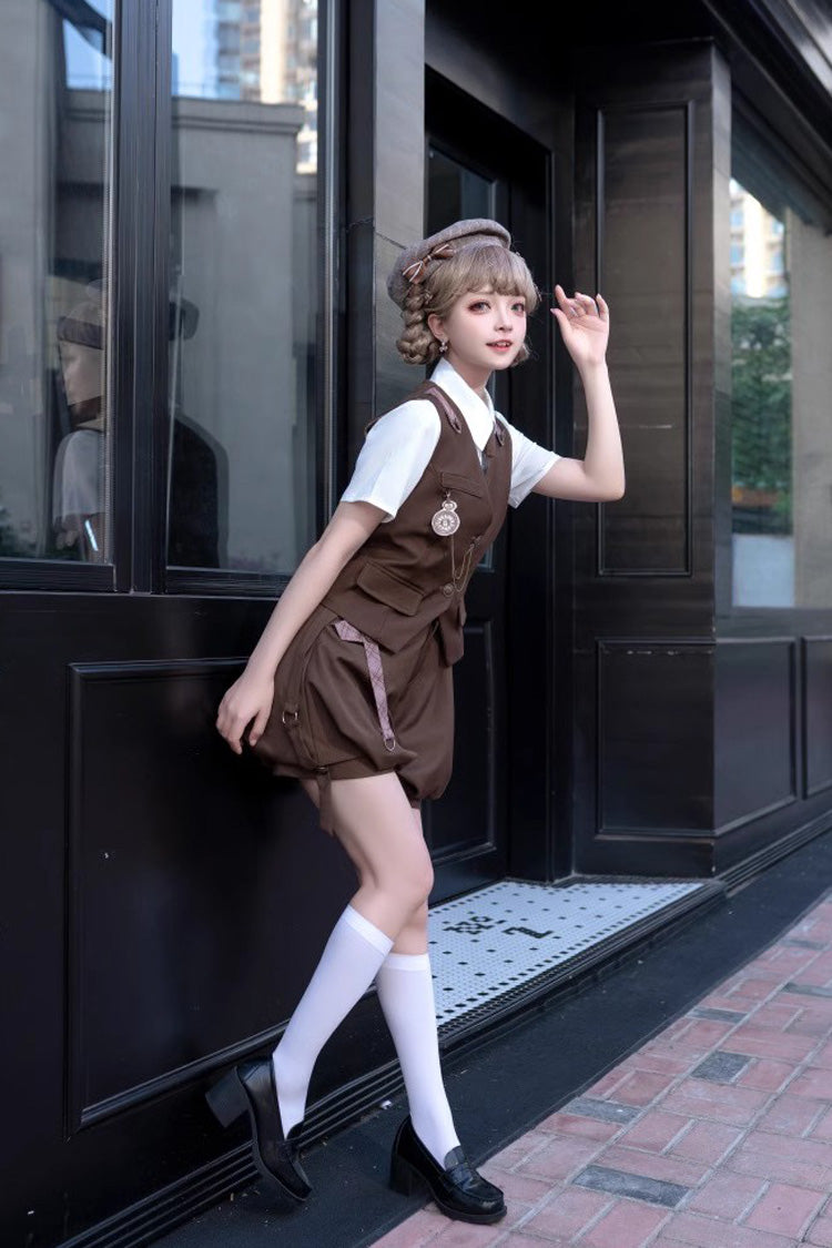 Brown Bunny Detective Short Sleeves Prince Ouji Lolita Set