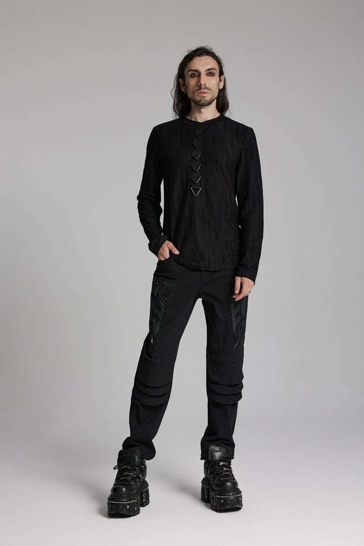 Black Round Collar Long Sleeves Triangle Buckle Men's Punk T-Shirt
