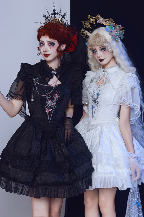 Black Sleeveless Spider Embroidery Bowknot Lace Gothic Princess Lolita Skirt Two-piece Set