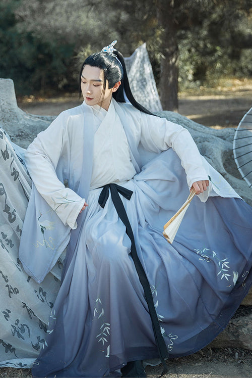 Gray Transition Chiffon Wide Sleeves Chinese Style Three Piece Suit Classic Mens Hanfu