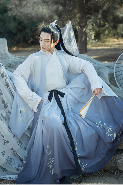 Gray Transition Chiffon Wide Sleeves Chinese Style Three Piece Suit Classic Mens Hanfu
