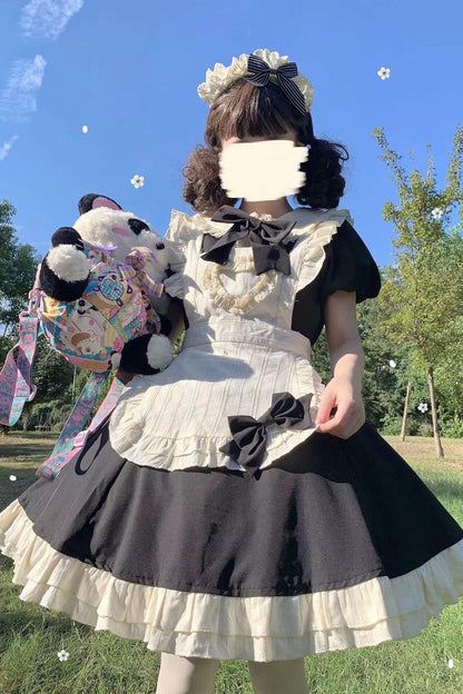 Black/White Maid Long Sleeves Ruffle Bowknot Stitching Sweet Short Lolita Dress