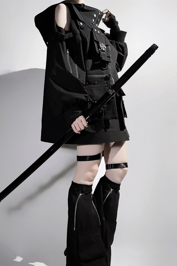 Black Techwear Long Sleeves Hooded Zippered Ouji Gothic Cool Lolita Set
