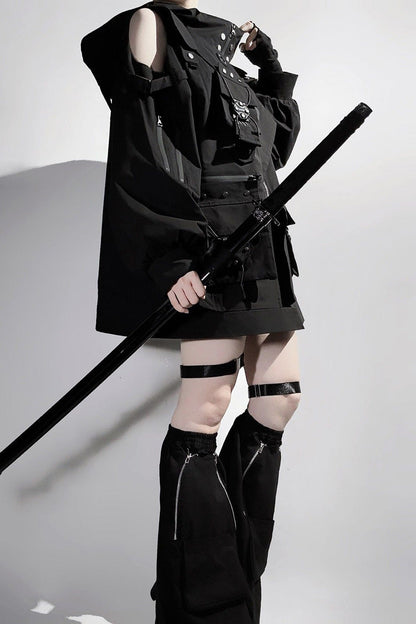 Black Techwear Long Sleeves Hooded Zippered Ouji Gothic Cool Lolita Set