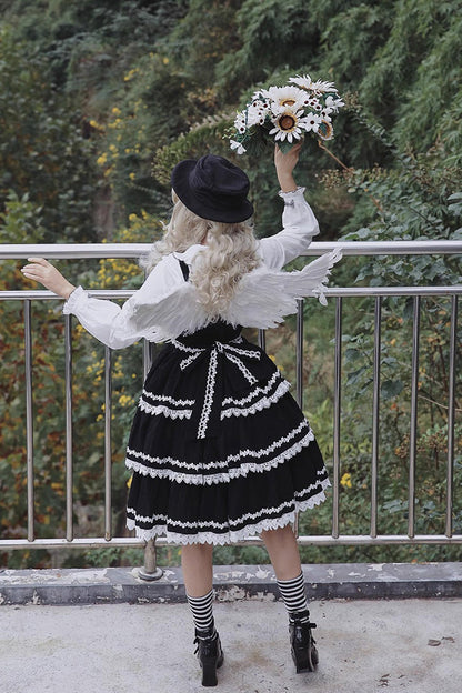 Black/White Three-section Cake Sleeveless Ribbon Sweet Lolita Tiered Dress