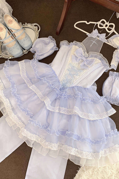 Blue Multi-layer Ruffle Hanayome Bowknot Lace Halter Neck Sweet Princess Lolita Dress