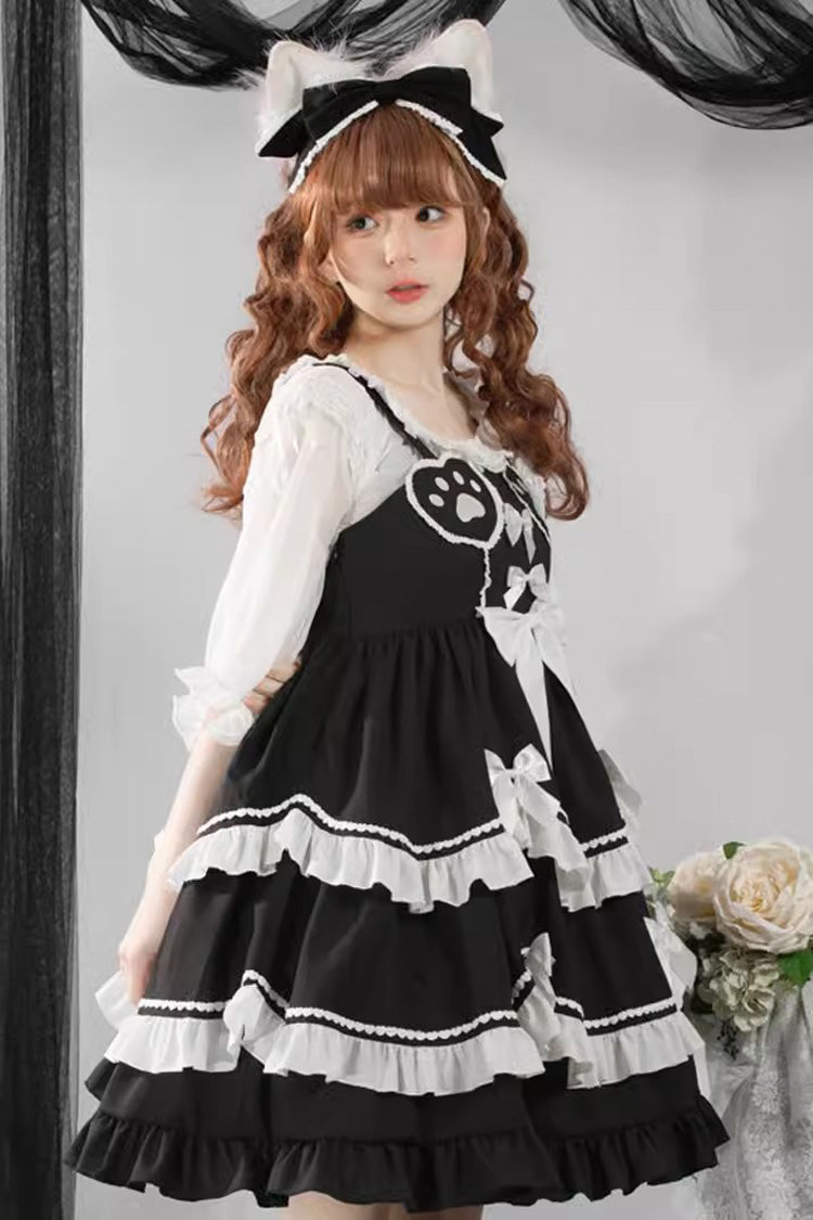 Black/White Bear Paw Print Ruffle Bowknot Sweet Princess Lolita Jsk Dress