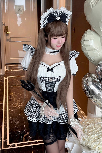 Black/White [Lovely Houndstooth] Square Collar Short Sleeves Print Ruffle Bowknot Lace Maid Sweet Lolita Dress