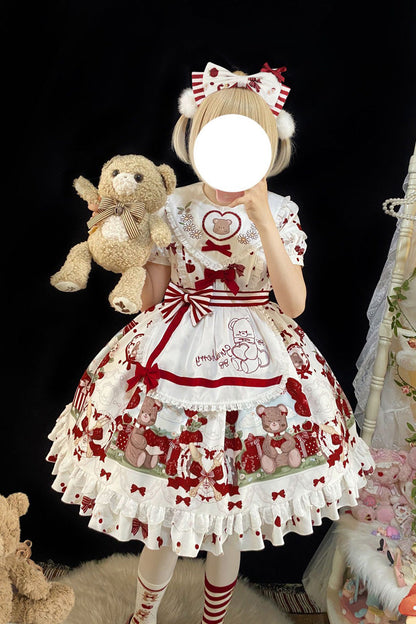 Red/White Short Sleeves Strawberry Bear Print Ruffle Bowknot Sweet Plus Size Lolita Dress