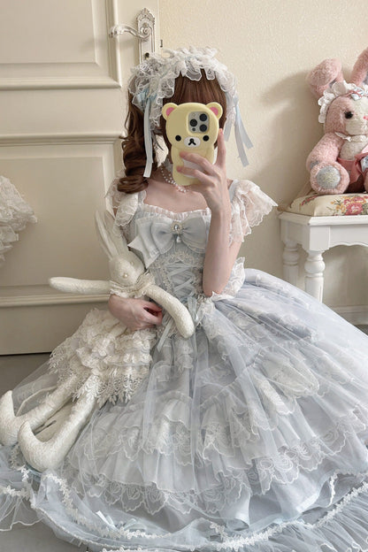 Blue [Eternal Vow] Sleeveless Multi-Layered Ruffle Hanayome Bowknot Lace Lace-Up Sweet Lolita Jsk Dress