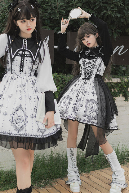 Black/White Sleeveless Butterfly Magic Print Gothic Lolita JSK Dress