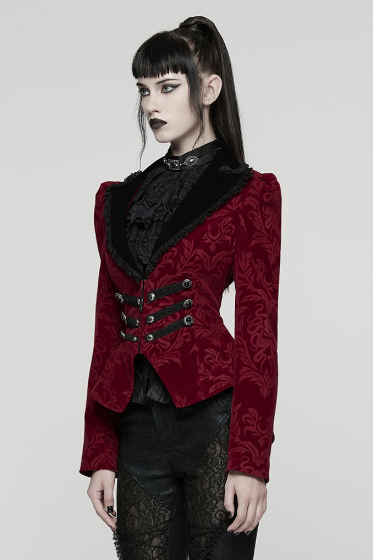 Red/Black Lapel Collar Long Sleeves Lace-Up Zipper Women's Punk Coat