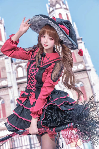 Black/Red [Showa Cake] Sleeveless Triple-Layered Ruffled Bow Lace-Up Witch Gothic Lolita Jsk Dress