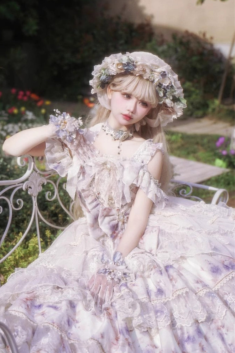 Blue [Rose Letter] Off Shoulder Triple-Layered Print Ruffle Hanayome Sweet Princess Lolita Dress