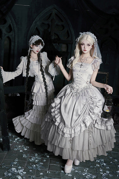 Solid Color [Bionic Doll] Square Collar Multi-Layered Ruffle Bowknot Lace-Up Gothic Lolita Fishtail Skirt Corset Set