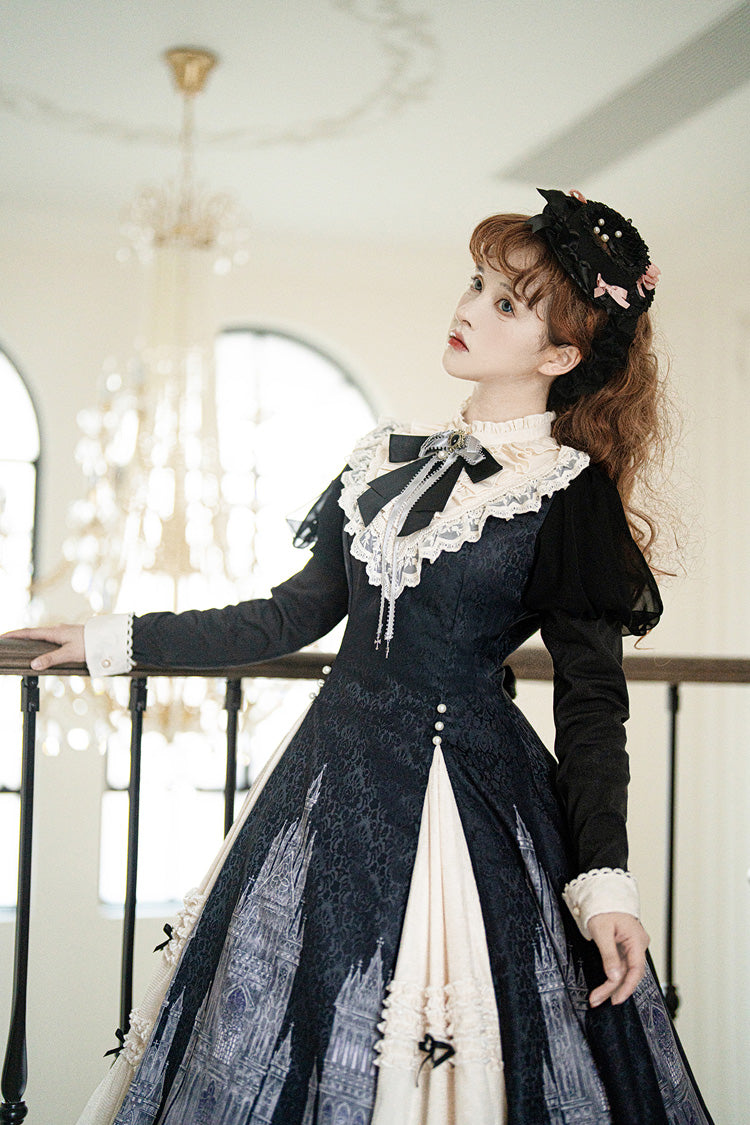 Black/White Church Bells Print Ruffle Cardigan Bowknot Gothic Elegant Lolita Dress