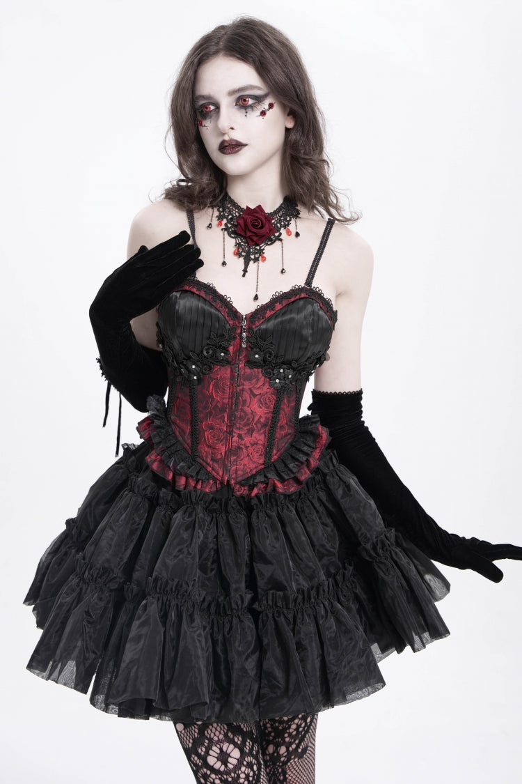 Red Sleeveless Ruffle Embroidery Lace-Up Women's Gothic Tank Top