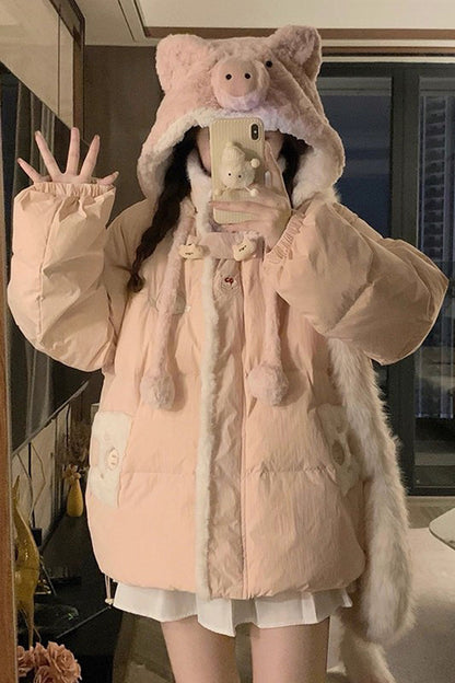 Pink [Cute Pig] Long Sleeves Hooded Sweet Lolita Coat