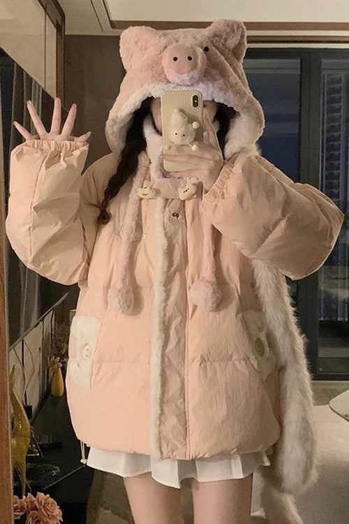 Pink [Cute Pig] Long Sleeves Hooded Sweet Lolita Coat