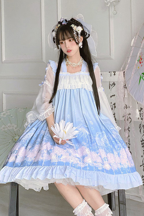 Blue Marine Jellyfish Print Bowknot Long Sleeves Ruffled Chinese Style Sweet Lolita Dress