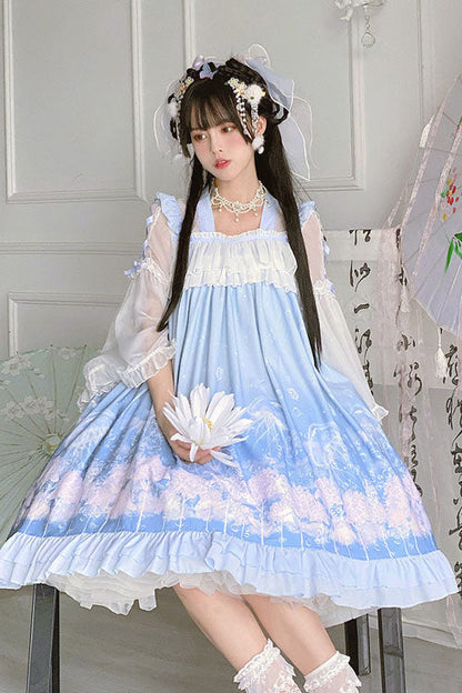 Blue Marine Jellyfish Print Bowknot Long Sleeves Ruffled Chinese Style Sweet Lolita Dress