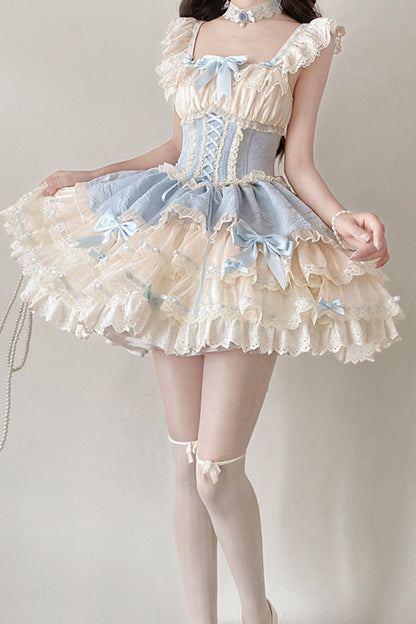 Blue [Flory Butterfly] Double-Layered Ruffle Bowknot Lace Lace-Up Sweet Ballet Lolita Jsk Dress