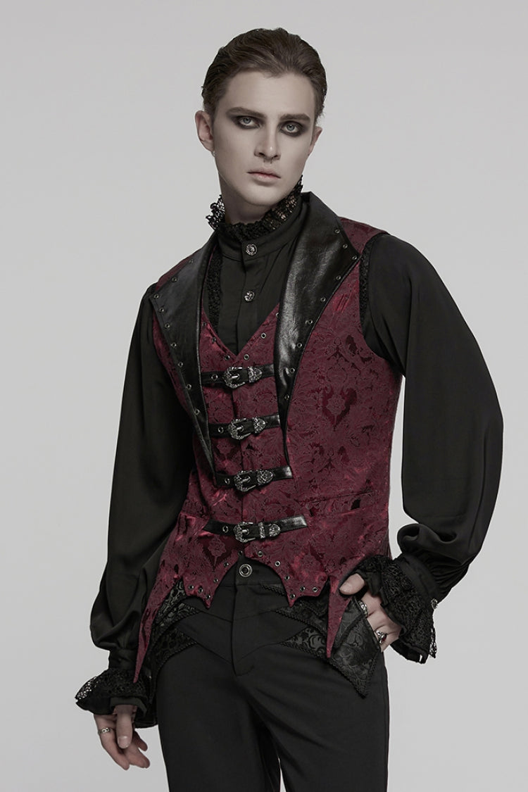 Black/Red Lapel V-neck Sleeveless Jacquard Buckle Men's Gothic Vest