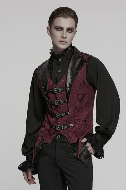 Black/Red Lapel V-neck Sleeveless Jacquard Buckle Men's Gothic Vest