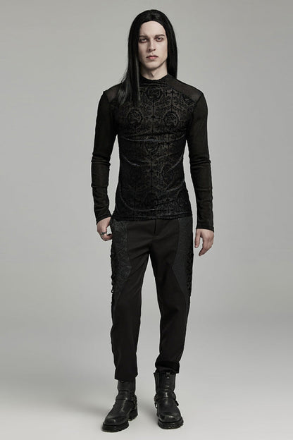 Black Stand Collar Long Sleeves Embroidery Cross Flocking Men's Gothic Blouse