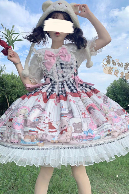 Black/Pink Plush Bear and Doll Print Ruffle Bowknot Lace Sweet Lolita Jsk Dress